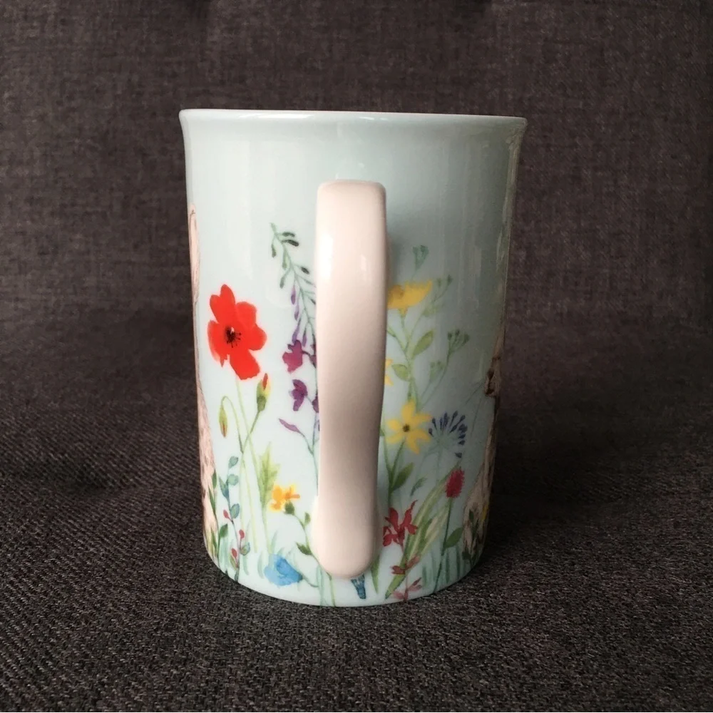Bunny + Floral Colorful Spring Coffee, Tea Mug, Blue, White, NEW, 12 oz
